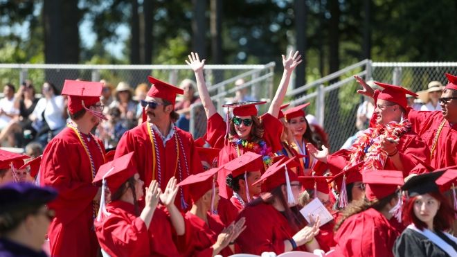 Group of Olympic College students in red regalia at graduation