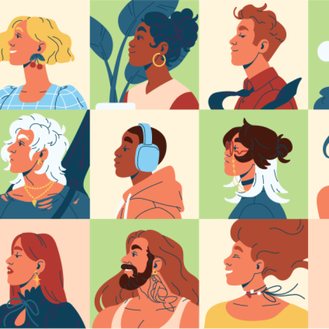 Illustration of various people in Brady-Bunch-style squares