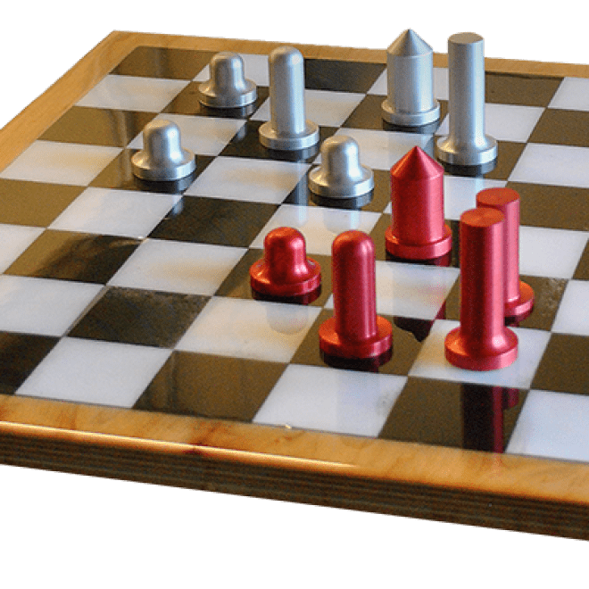 A chessboard with pieces made using 3D printing technology