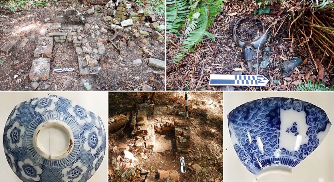Items from a dig site, bricks unearthed from the ground, and asian pottery shards.