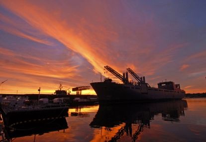 Vessel at the shipyard at sunset. 