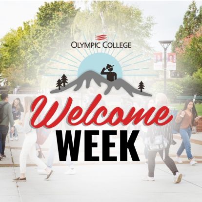 Welcome Week text graphic image over students walking on tree lined campus